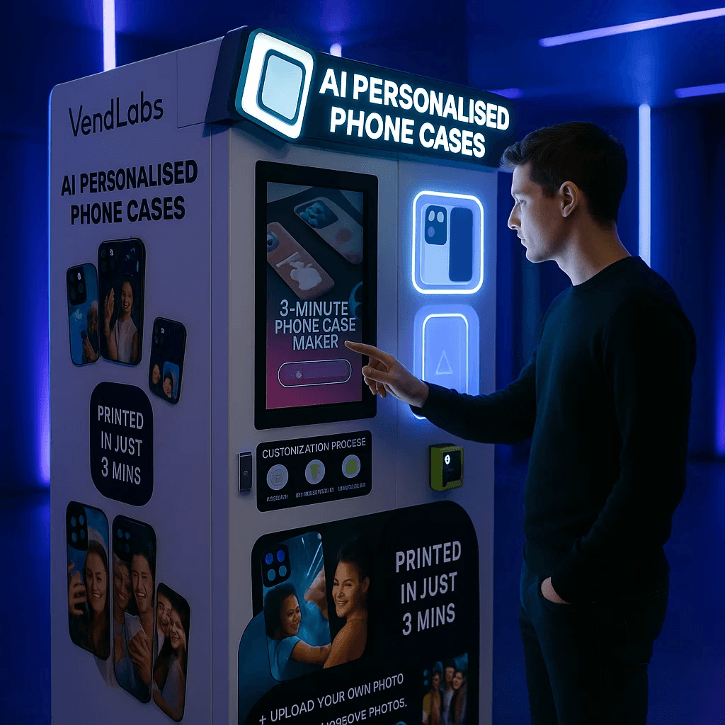 VendLabs AI phone case vending machine printing a custom case